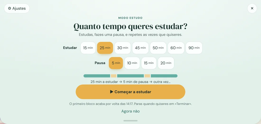 Escolher o tempo de estudo e de pausa